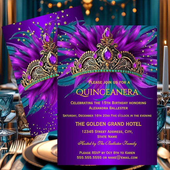Invitation Quinceanera Purple Teal Blue Tiara Birthday Party (Créateur téléchargé)