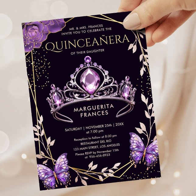 Invitation Quinceañera Purple Tiara Floral Butterfly Élégant (Créateur téléchargé)