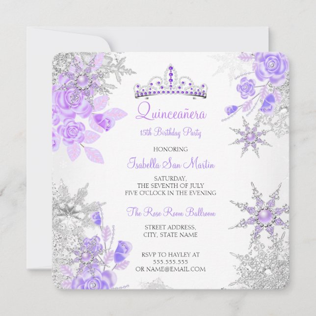 Invitation Quinceanera Purple Winter Wonderland Snowflake (Devant)