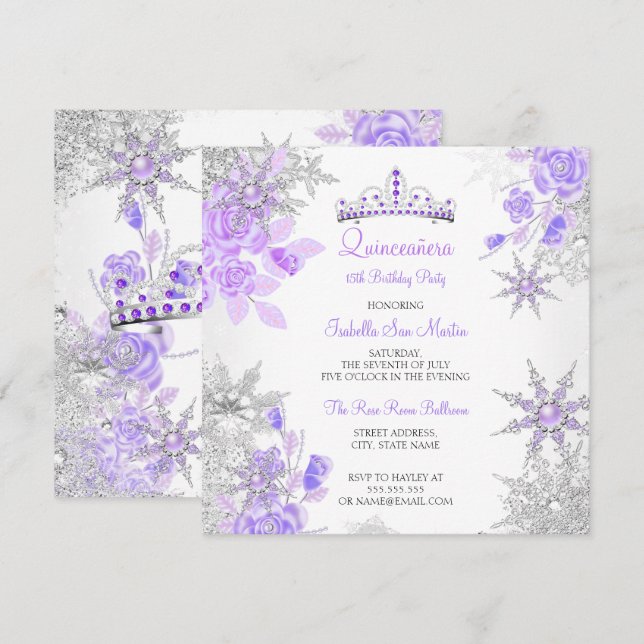 Invitation Quinceanera Purple Winter Wonderland Snowflake (Devant / Derrière)