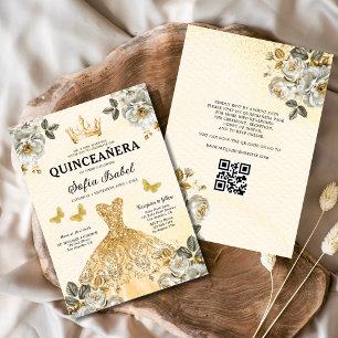 Invitation Quinceanera QR Code Floral Gold Princess