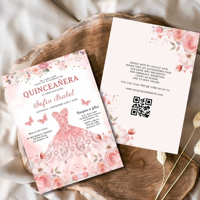 Invitation Quinceañera QR Code Rose rose pâle Floral (Créateur téléchargé)