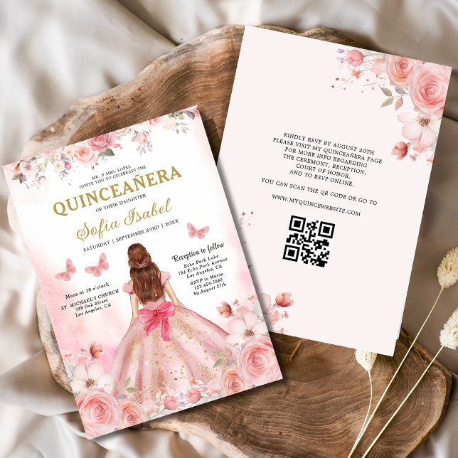 Invitation Quinceañera QR Code Rose rose pâle Floral (Créateur téléchargé)