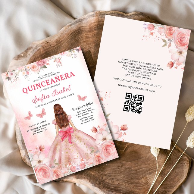 Invitation Quinceañera QR Code Rose rose pâle Floral (Créateur téléchargé)