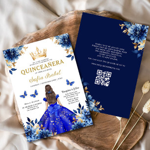 Invitation Quinceanera QR Code Royal Blue Butterfly Princess