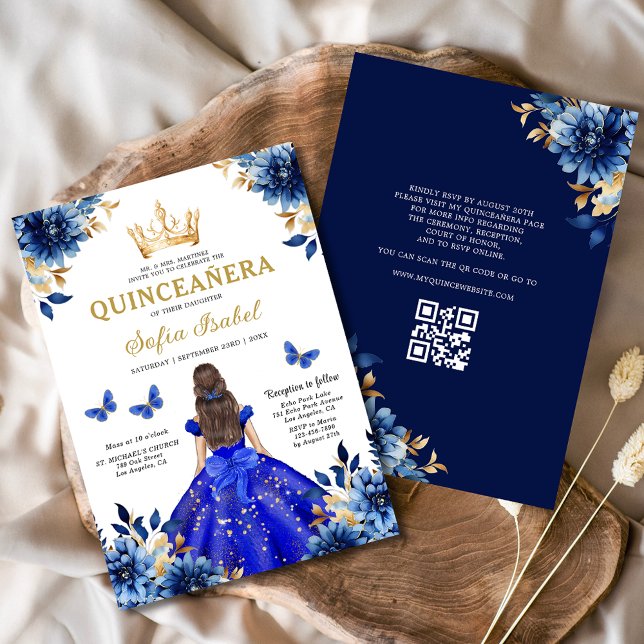 Invitation Quinceanera QR Code Royal Blue Butterfly Princess (Créateur téléchargé)