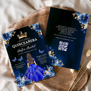 Invitation Quinceanera QR Code Royal Blue Butterfly Princess