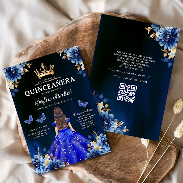 Invitation Quinceanera QR Code Royal Blue Butterfly Princess (Créateur téléchargé)