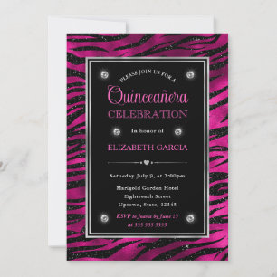 Invitation Quinceanera rayures de tigre pailletées rose et no