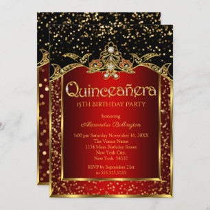 Invitation Quinceanera Red Gold Black fête d'anniversaire