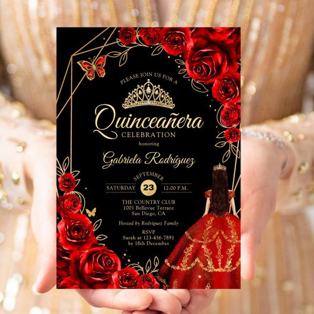 Invitation Quinceanera Red Gold Butterfly Dress Floral (Créateur téléchargé)