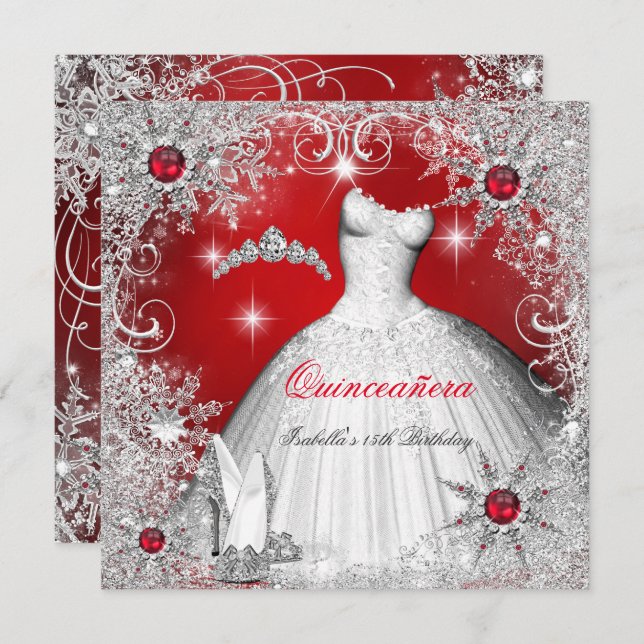 Invitation Quinceanera Red Pearl Silver Winter Snowflakes (Devant / Derrière)