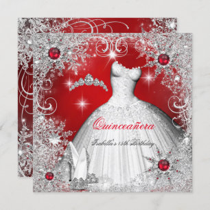 Invitation Quinceanera Red Pearl Silver Winter Snowflakes