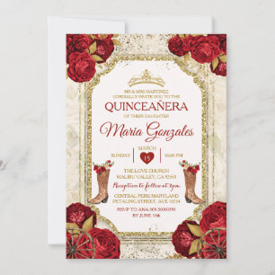 Invitation Quinceañera Red Roses & Gold Crown Mexicaine