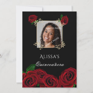 Invitation Quinceanera Red Roses Gold Frame Quinceanera