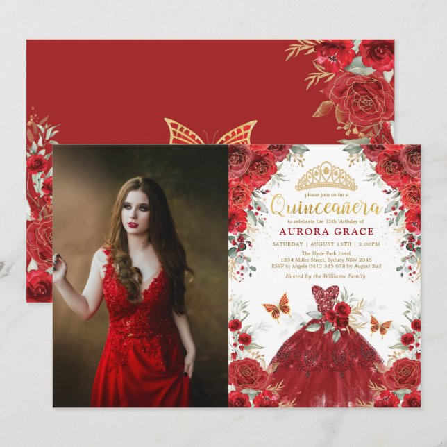 Invitation Quinceañera Red Roses Mis Quince 15e anniversaire (Devant / Derrière)