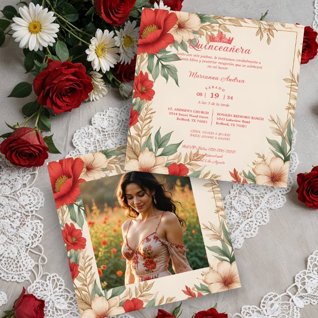 Invitation Quinceañera Red Shades Sweet Floral Photo espagnol (Quinceañera Red Shades Sweet Floral Spanish Photo Square Invitations Cards. )