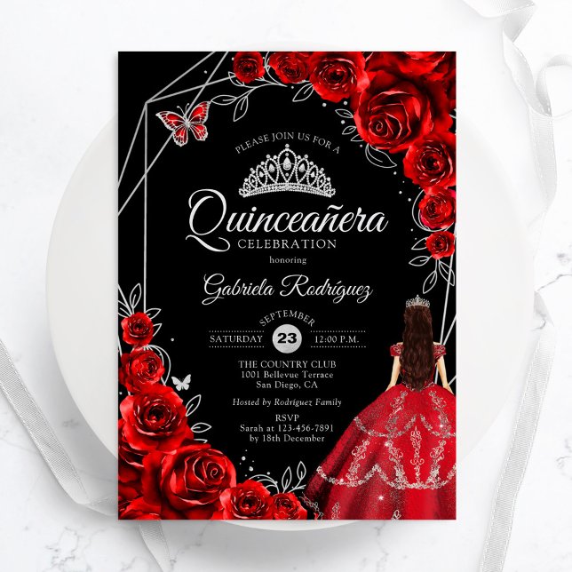 Invitation Quinceanera Red Silver Butterfly Dress Floral (Créateur téléchargé)
