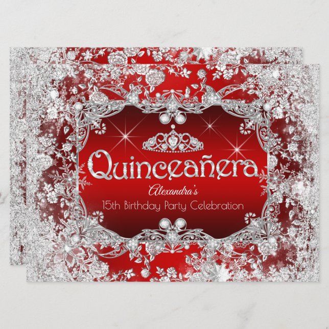 Invitation Quinceanera Red Silver Tiara Winter Wonderland (Devant / Derrière)