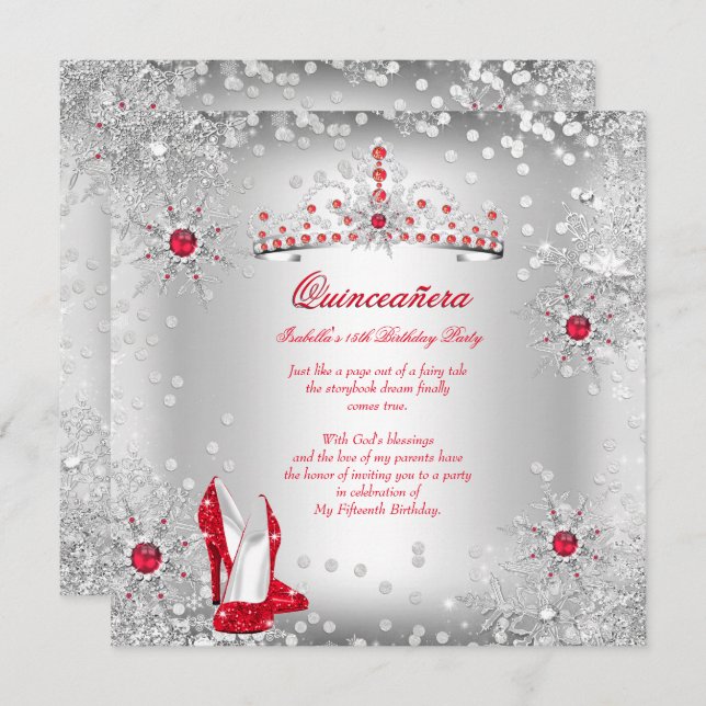 Invitation Quinceanera Red Silver Winter Wonderland (Devant / Derrière)