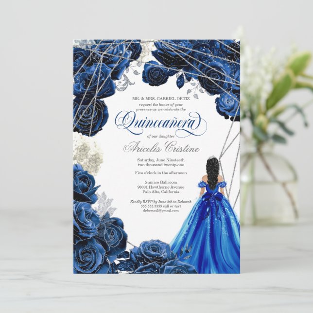 Invitation Quinceañera Regal Royal Blue & Silver w Gown Invit (Debout devant)