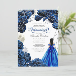 Invitation Quinceañera Regal Royal Blue & Silver w Gown Invit