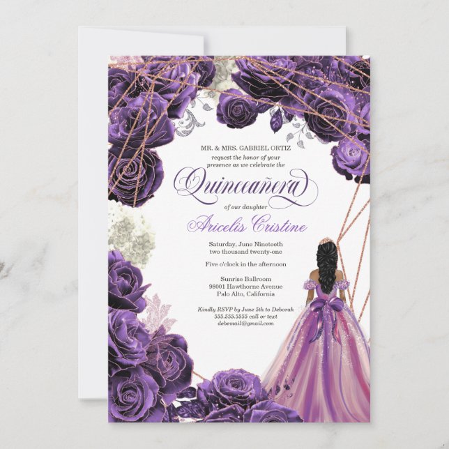 Invitation Quinceañera Regal Royal Purple & Rose Gold & Gown (Devant)