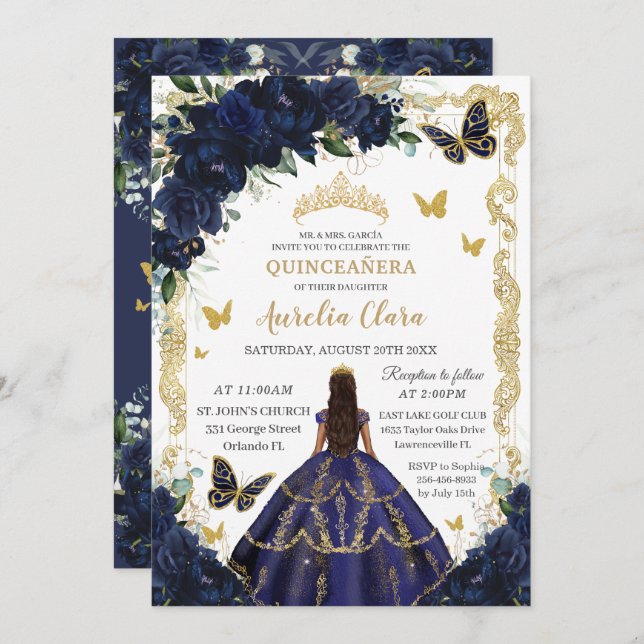 Invitation Quinceañera Riche Marine Bleu Floral Or Princesse (Devant / Derrière)