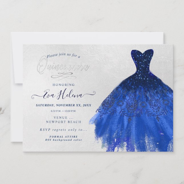 Invitation Quinceañera, Robe à paillettes,  Bleu marine (Devant)