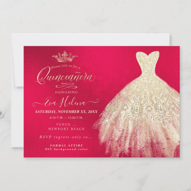 Invitation Quinceañera, Robe à paillettes, Faux Or+Rouge (Devant)
