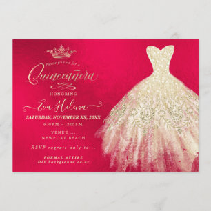 Invitation Quinceañera, Robe à paillettes, Faux Or+Rouge