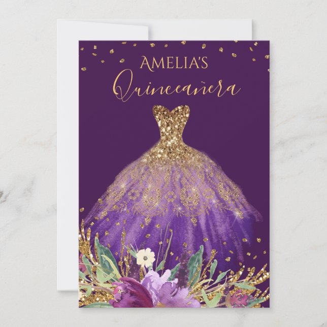 Invitation Quinceanera Robe Améthyste Violet Or (Devant)