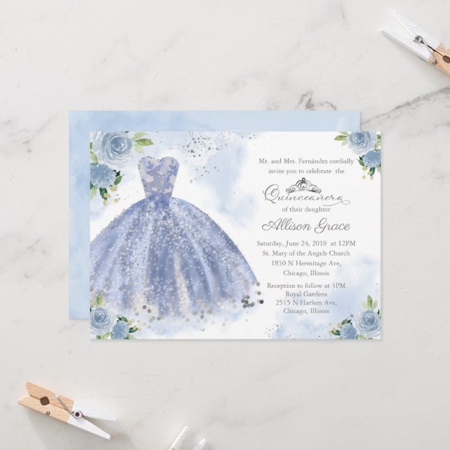 Invitation Quinceanera Robe Argent Bleu Clair (Devant/Arrière en situation)