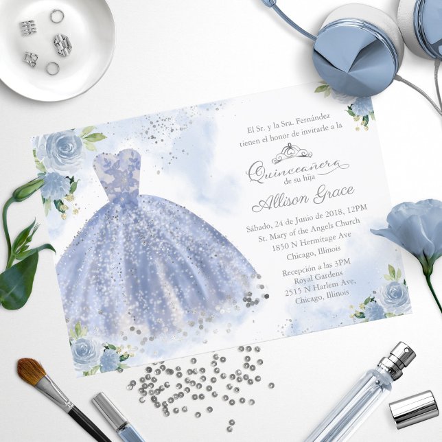 Invitation Quinceañera Robe Argent Bleu Espagnol (Créateur téléchargé)
