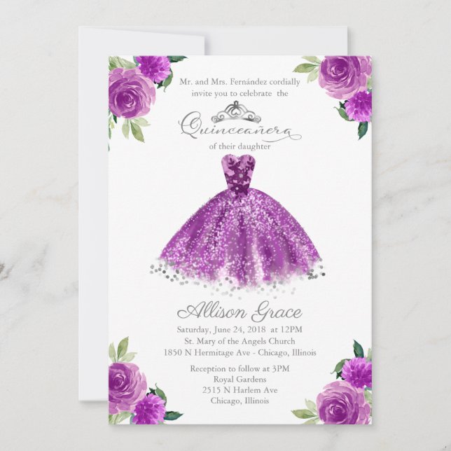 Invitation Quinceañera Robe Bilingue Fardée Violet (Devant)