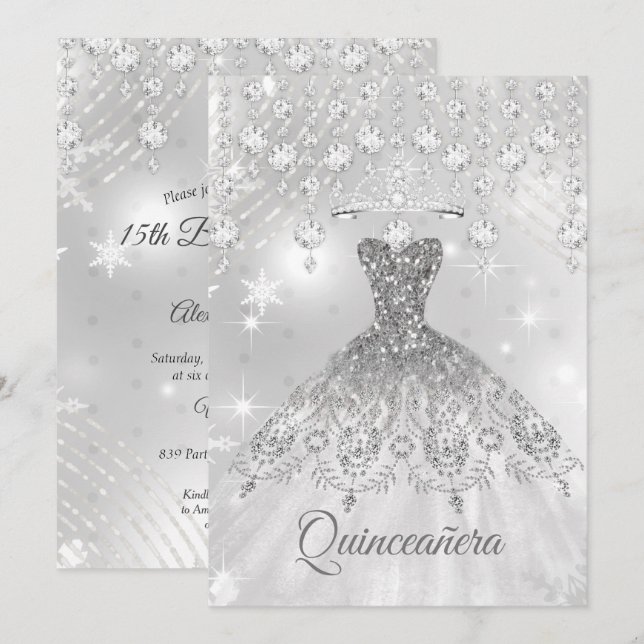 Invitation Quinceanera Robe Blanche Argent 15e fête d'anniver (Devant / Derrière)