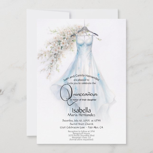Invitation Quinceañera | Robe bleu pâle Fleurs blanches (Devant)