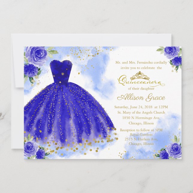 Invitation Quinceañera Robe Bleu Royal Bilingue (Devant)