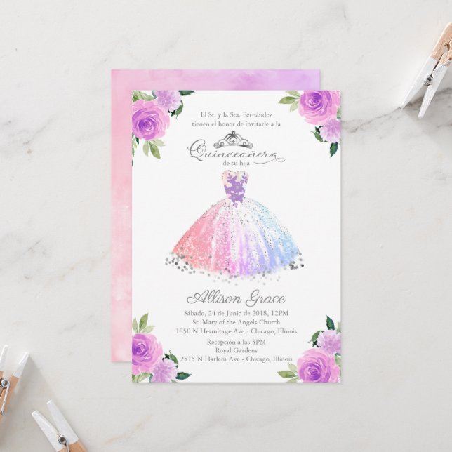 Invitation Quinceañera Robe Couleurs Pastel Espagn (Devant/Arrière en situation)