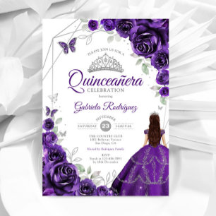 Invitation Quinceanera Robe d'argent violet Floral