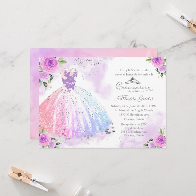 Invitation Quinceanera Robe de Couleur Pastel Espa (Devant/Arrière en situation)