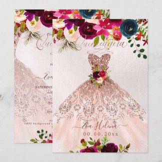 Invitation Quinceañera, robe de fleurs bohème scintillante ro