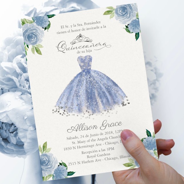 Invitation Quinceanera Robe Fleurie Bleue Espagnol (Créateur téléchargé)