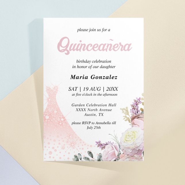 Invitation Quinceañera Robe Fleurie Rose et Robe (Créateur téléchargé)