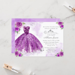Invitation Quinceanera Robe Florale Argent Violet