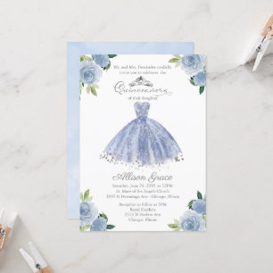 Invitation Quinceanera Robe Florale Bleue Argentée