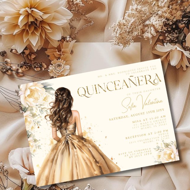 Invitation Quinceañera Robe Florale d'or Champagne Gown (Quinceañera Floral Gold Dress Champagne Gown Invitation)