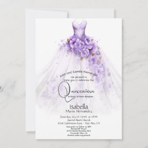 Invitation Quinceañera Robe florale Roses Violettes