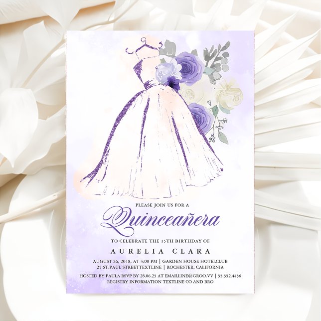 Invitation Quinceañera Robe Florale violette 15e anniversaire (Créateur téléchargé)