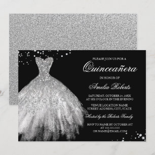 Invitation Quinceañera Robe Noir Argent Pailleté